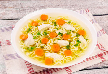Homemade chicken soup with noodles and vegetables in a white bowl, on a wooden background.