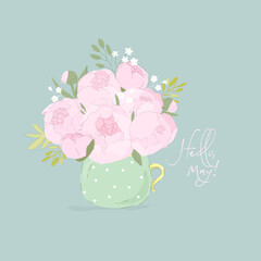 Spring Bouquet with Pink Peonies on Blue Background