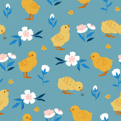 Seamless pattern with baby chickens and flowers. Vector graphics.