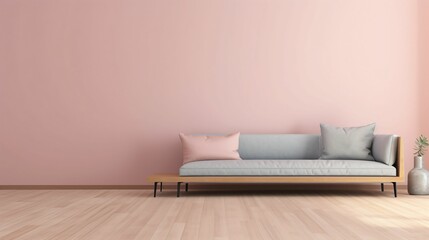 Canapé gris, sofa, adossé à un mur rose pastel, parquet de bois, pièce vide, illustration graphique, ia générative