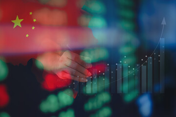 Stock market investment trading financial.  China flag to analyze profitable business finance trend data background