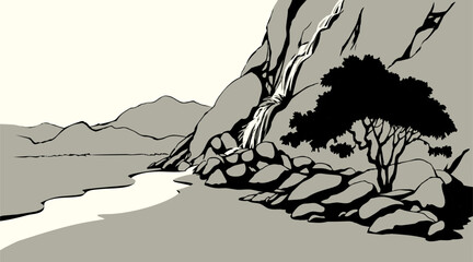 Vector landscape. Tree near a mountain stream © Marina