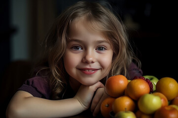 Fototapeta na wymiar Ai Generated beautiful girl with enjoy eating healthy fresh vegetable and fruit.