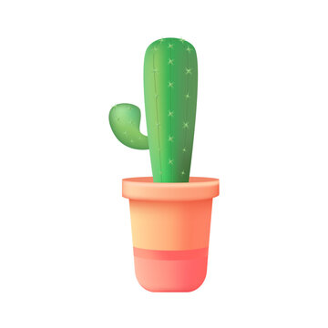 Green cactus in colorful flowerpot 3D illustration. Drawing of exotic plant with spines in red and orange pot for home or office in 3D style on white background. Nature, botany, houseplants concept