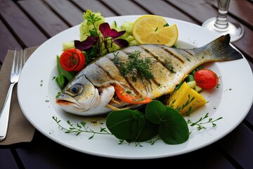 Indulge in a delicious and wholesome meal of grilled fish and salad, made with fresh and natural ingredients. Generated by AI.