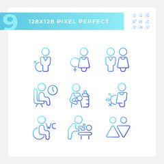 Public toilet rooms signs pixel perfect gradient linear vector icons set. Hygiene in restrooms. Private place. Thin line contour symbol designs bundle. Isolated outline illustrations collection