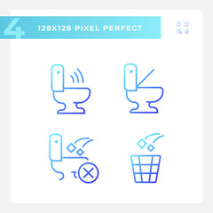 Toilet usage recommendations pixel perfect gradient linear vector icons set. Toilet bowls automation. Thin line contour symbol designs bundle. Isolated outline illustrations collection