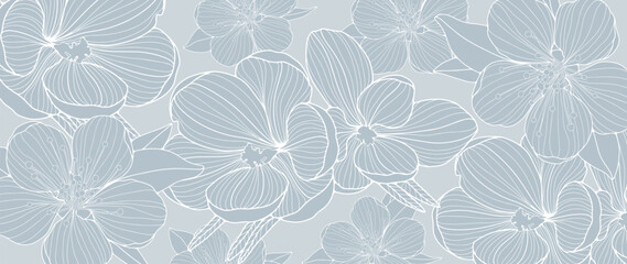 Blue floral vector background with crocuses and cherry flowers for decor, covers, cards, presentations, wallpapers
