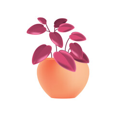 Plant with pink leaves growing in orange pot 3D illustration. Cartoon drawing of houseplant in flowerpot for home or office in 3D style on white background. Nature, botany, decor concept