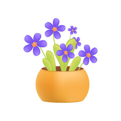 Violets growing in orange flowerpot 3D illustration. Cartoon drawing of flowers with purple petals in pot in 3D style on white background. Nature, houseplants, botany, decor concept