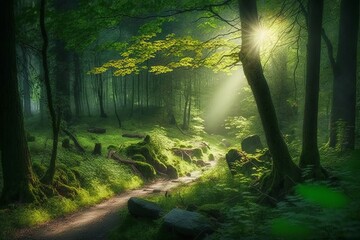 Fototapeta na wymiar Beautiful Forest. Sunlight in the green forest, Generative AI