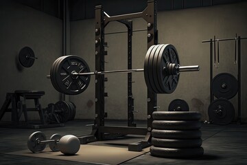 A set of weightlifting equipment, including a squat rack, a weight machine, and free weights, set against the backdrop of a bright and modern gym. Generated by AI.