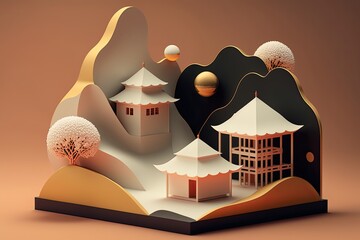 Japanese House With Minimal 3D Isometric Background