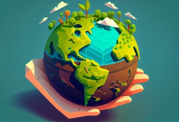 isometric earth day, green planet, cartoon style Generative AI