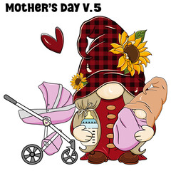 Gnome Mother's Day and Baby  , Gnome Mom holding a child , Mother's Day V.5 , Cute Gnome Mother's day disign for T-Shirt
