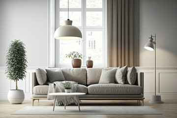 modern living room with sofa and lamp. scandinavian interior design furniture. 3d render, blank mockups on wall, generative AI
