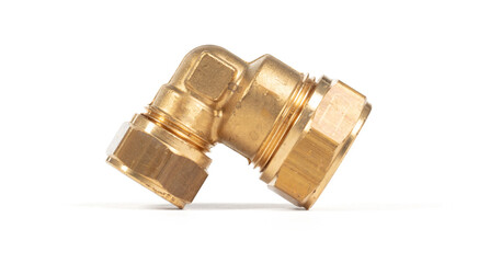 Brass fitting for plumbing pipes, connector for two different sizes, 90 degree angle