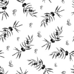 Seamless pattern, endless hand drawn monochrome pattern. Olive branches, black berries, juicy fruits of the tree. Design for fabrics, kitchen towels, tablecloths, packaging, wrapping paper, stationery