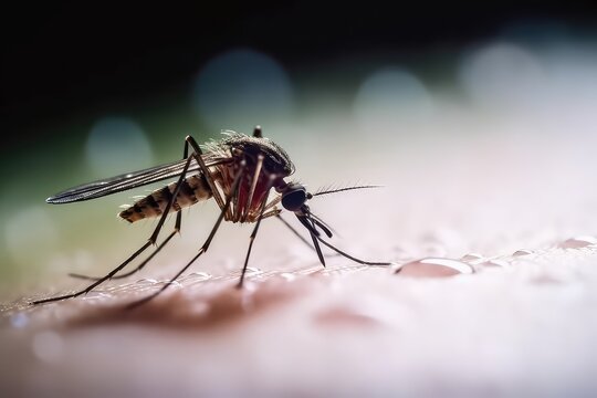A Super Macro Close-Up of a Mosquito Drinking Human Blood. Spreading Zika virus, West Nile virus, Chikungunya virus, dengue, and malaria. Generative AI Illustration.