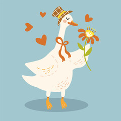 cute goose in hat holding flower spring easter