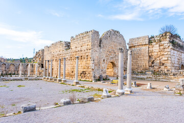 The ruins of the ancient city of Perge. Perge is an ancient Greek city on the southern Mediterranean coast of Turkey