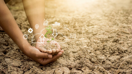 Hand touching hologram sign cloud computing for digital icon modern business technology nature environment concept