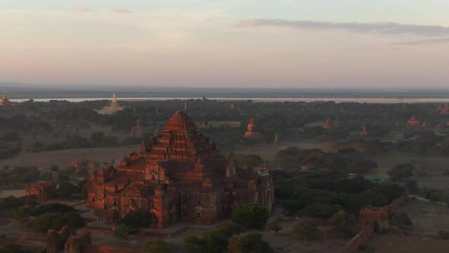 Aerial orbiting shot of Dhammayangyi Temple in Bagan, Myanmar.