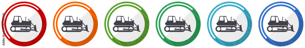 Poster bulldozer, heavy machine, tractor icon set, flat design vector illustration in 6 colors options for 