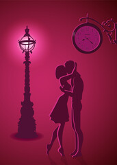 silhouette of a couple in love, a date under the clock, the light of a lantern