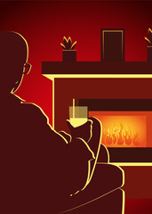 silhouette of a man in an armchair in front of a fireplace with a drink