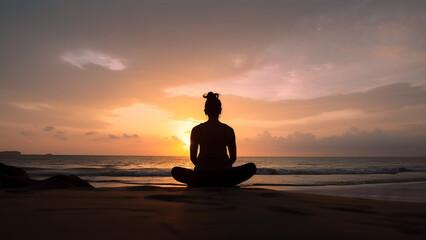 Woman practice yoga on beach with sunset or sunrise background