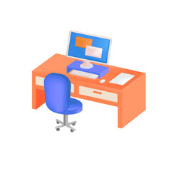 Computer desk with office chair 3D illustration. Drawing of working place or room of office worker with table and equipment in 3D style on white background. Workplace, business, technology concept