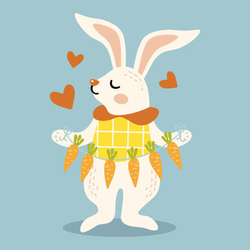 cute spring rabbit in a standing position holding a garland of carrots
