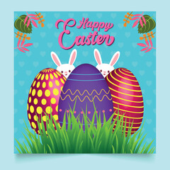 Happy Easter Day social media post design template with decorative egg, white rabbit, green grass illustration. Creative design for banner and Greeting card.
