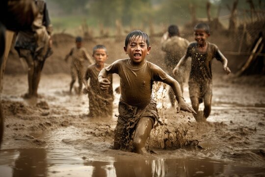 AI generated a picture of several happy children playing in a muddy mudhole completely covered with mud.
