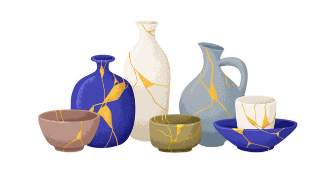 Japan Kintsugi ceramics art. Reborn repaired Asian pottery with gold line marble patterns. Vintage Japanese vases, bowls, jugs. Colored flat graphic vector illustrations isolated on white background