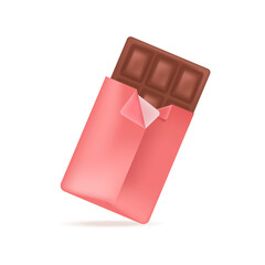 Milk or dark chocolate bar in red packaging 3D illustration. Cartoon drawing of sweet or tasty snack from cacao in 3D style on white background. Food, desserts, confectionery concept