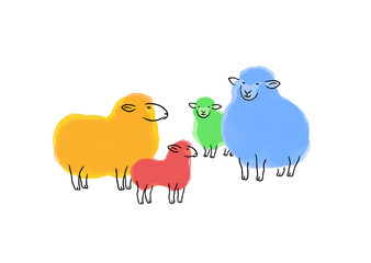 向かい合う4頭のヒツジの親子のイラスト