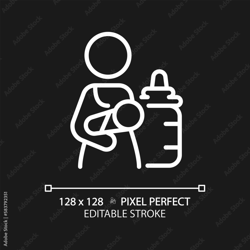 Poster Lactation room pixel perfect white linear icon for dark theme. Private space for breast pumping. Baby care in restrooms. Thin line illustration. Isolated symbol for night mode. Editable stroke