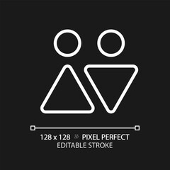 WC sign pixel perfect white linear icon for dark theme. Door mark for public toilet room. Male and female washroom symbols. Thin line illustration. Isolated symbol for night mode. Editable stroke