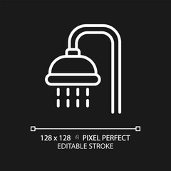 Shower pixel perfect white linear icon for dark theme. Public bathroom for visitors. Body washing equipment. Personal hygiene. Thin line illustration. Isolated symbol for night mode. Editable stroke