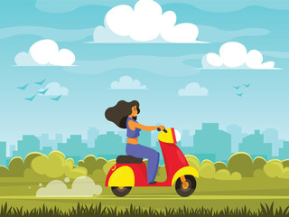 Woman rides a motor scooter along a path that runs through a green field. Nature background with cityscape. City park on the background of the business district. Vector graphics