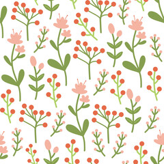 Seamless pattern with red flowers berries and green leaves vector