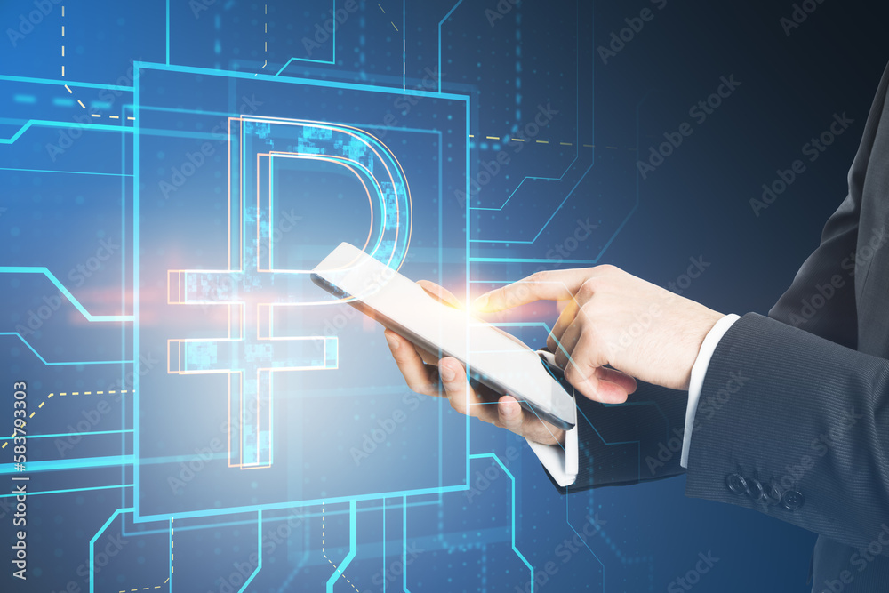 Poster close up of businessman hand pointing at mobile phone with glowing linear ruble hologram on blurry b