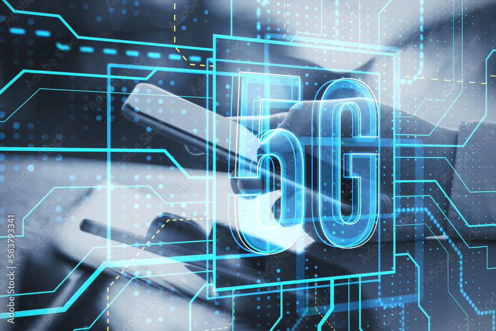 Aufkleber close up of hand using cellphone or tablet with glowing linear 5g hologram on blurry background. 5g 