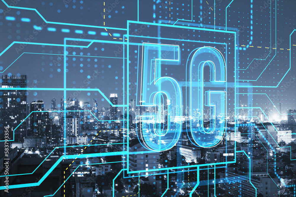 Poster abstract glowing linear 5g hologram on blurry city backdrop. 5g network and wireless systems. double