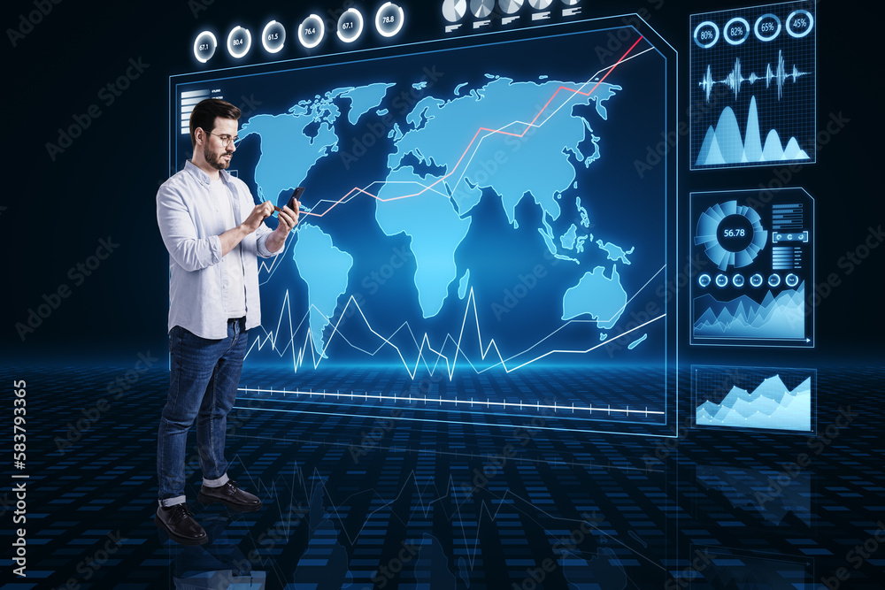 Poster young european businessman using cellphone with abstract glowing map interface on blue background. f