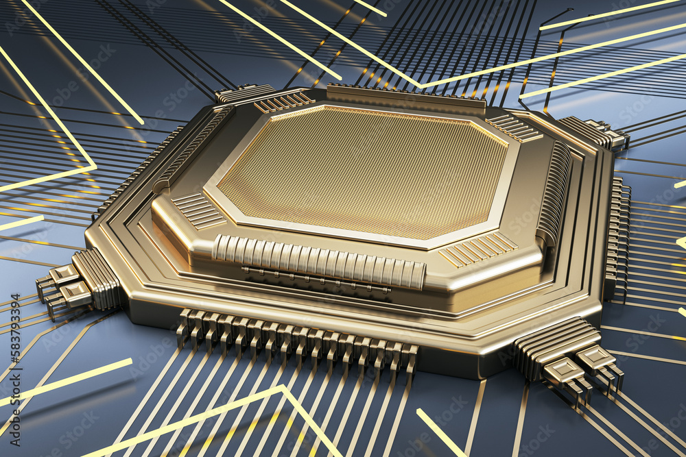 Poster Creative empty golden chip on metal background with lines. Mock up place. Technology and motherboard, computer and hardware concept. 3D Rendering.