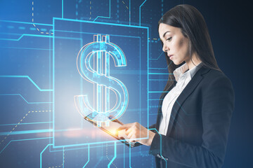 Attractive young european businesswoman using cellphone with glowing linear dollar hologram on...