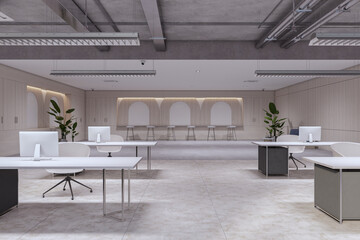 Fototapeta na wymiar Bright coworking office interior with furniture, equipment and decorative objects. 3D Rendering.